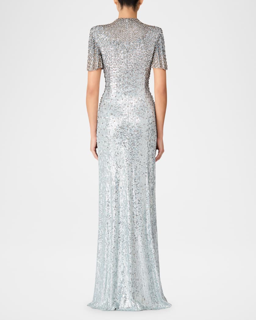 Jourdain Crystal Sequined Flutter-Sleeve Gown
