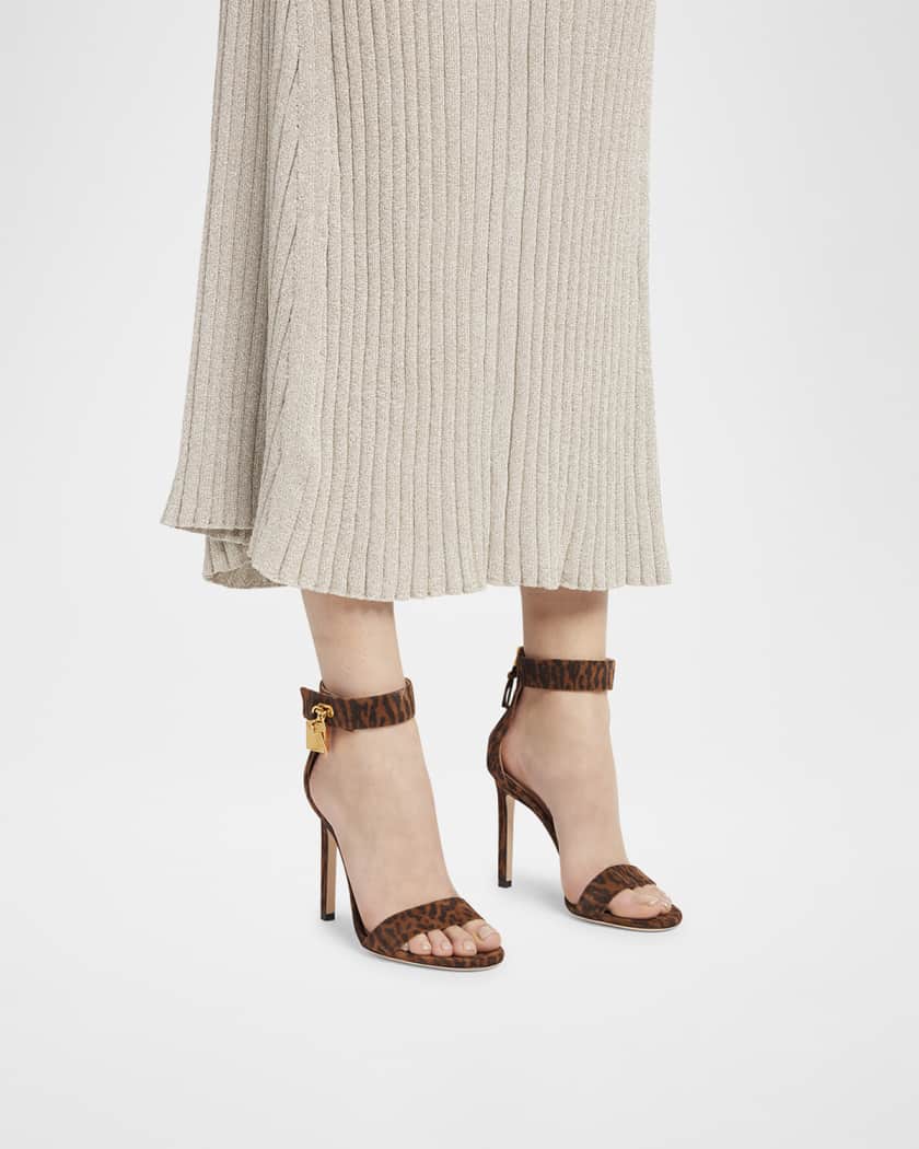 Leopard Suede Stiletto Sandals with Padlock
