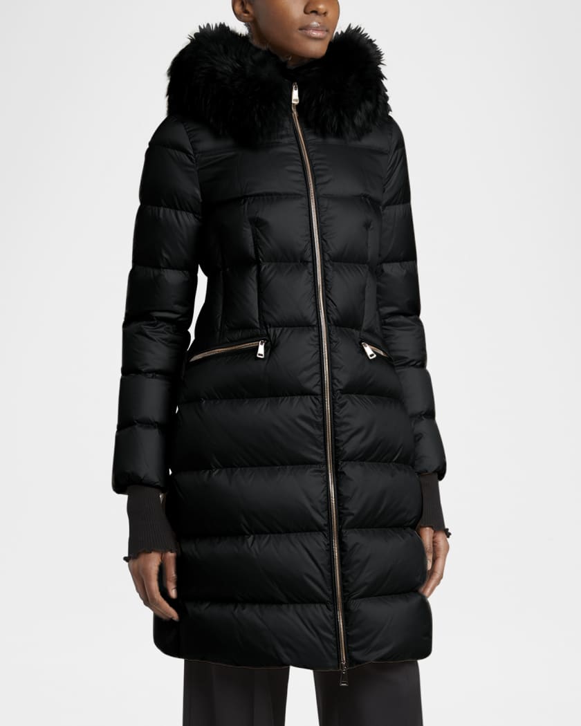 Moncler Boedic Long Down Coat with Detachable Shearling Trim
