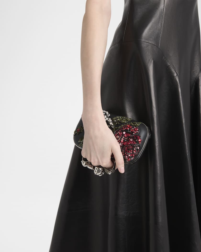 Bead & Crystal Flower Skull Four Ring Clutch Bag