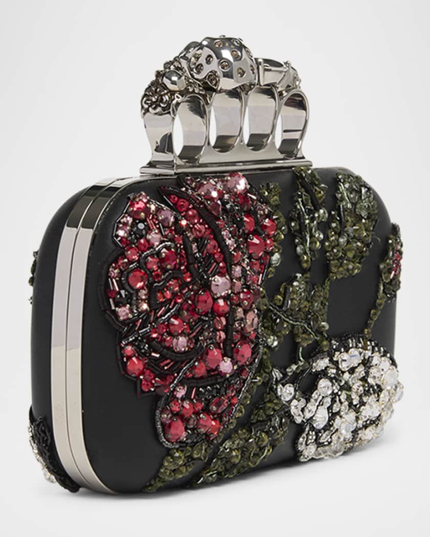 Bead & Crystal Flower Skull Four Ring Clutch Bag
