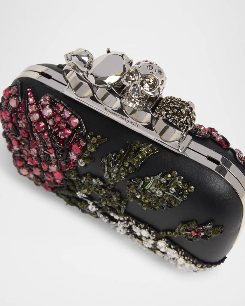 Bead & Crystal Flower Skull Four Ring Clutch Bag