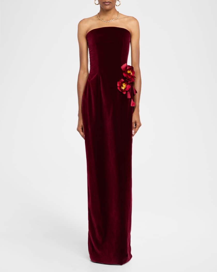 Strapless Flower Embroidered Velvet Gown