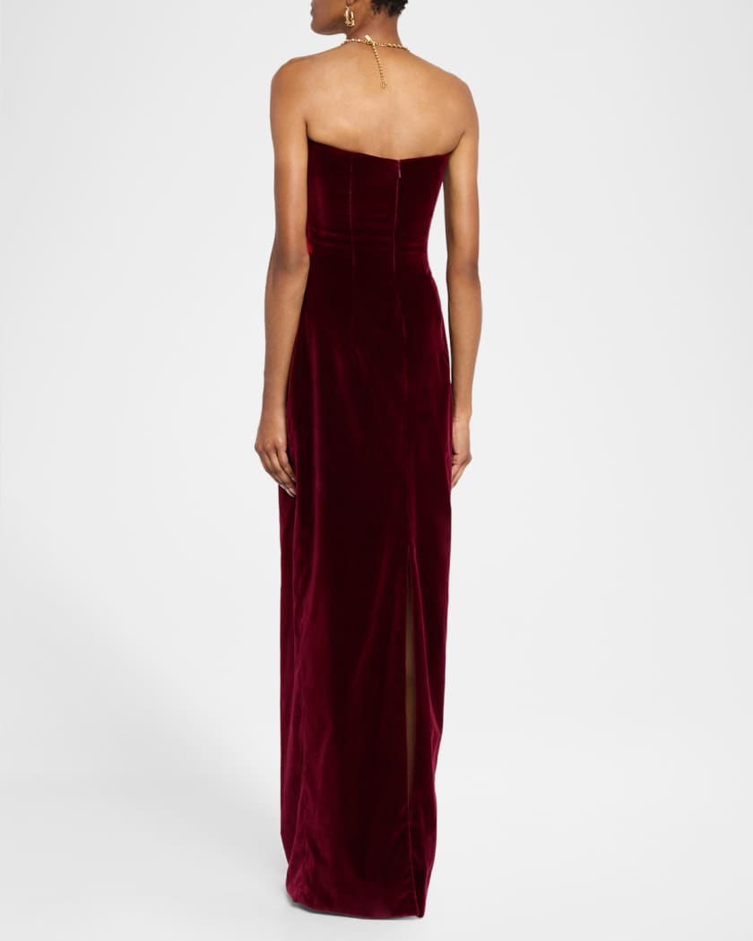 Strapless Flower Embroidered Velvet Gown