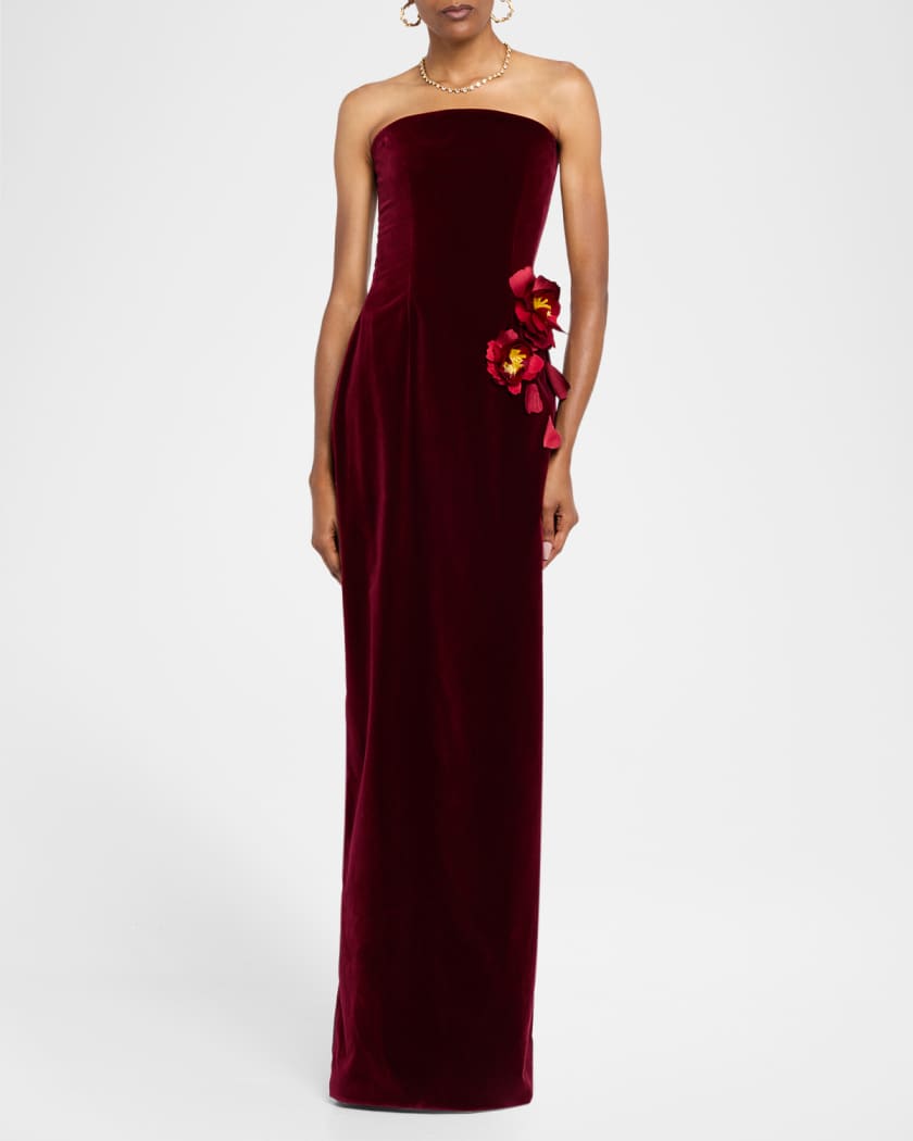 Strapless Flower Embroidered Velvet Gown