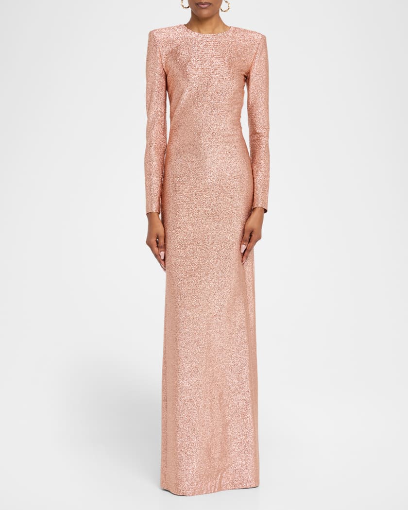 Long Sleeve Stretch Lame Gown