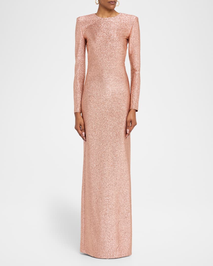 Long Sleeve Stretch Lame Gown