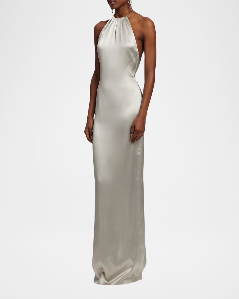 Corra Lux Stretch Satin Sleeveless Halter Gown