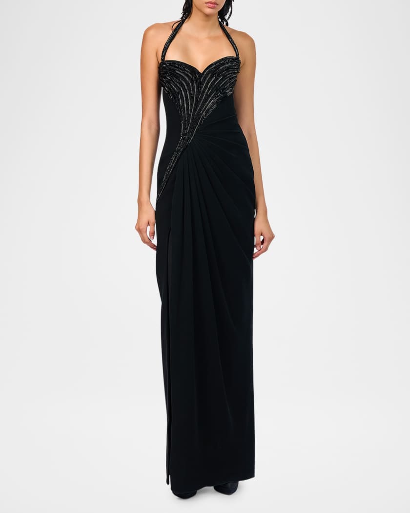 Athena Embroidered Draped Halter Gown