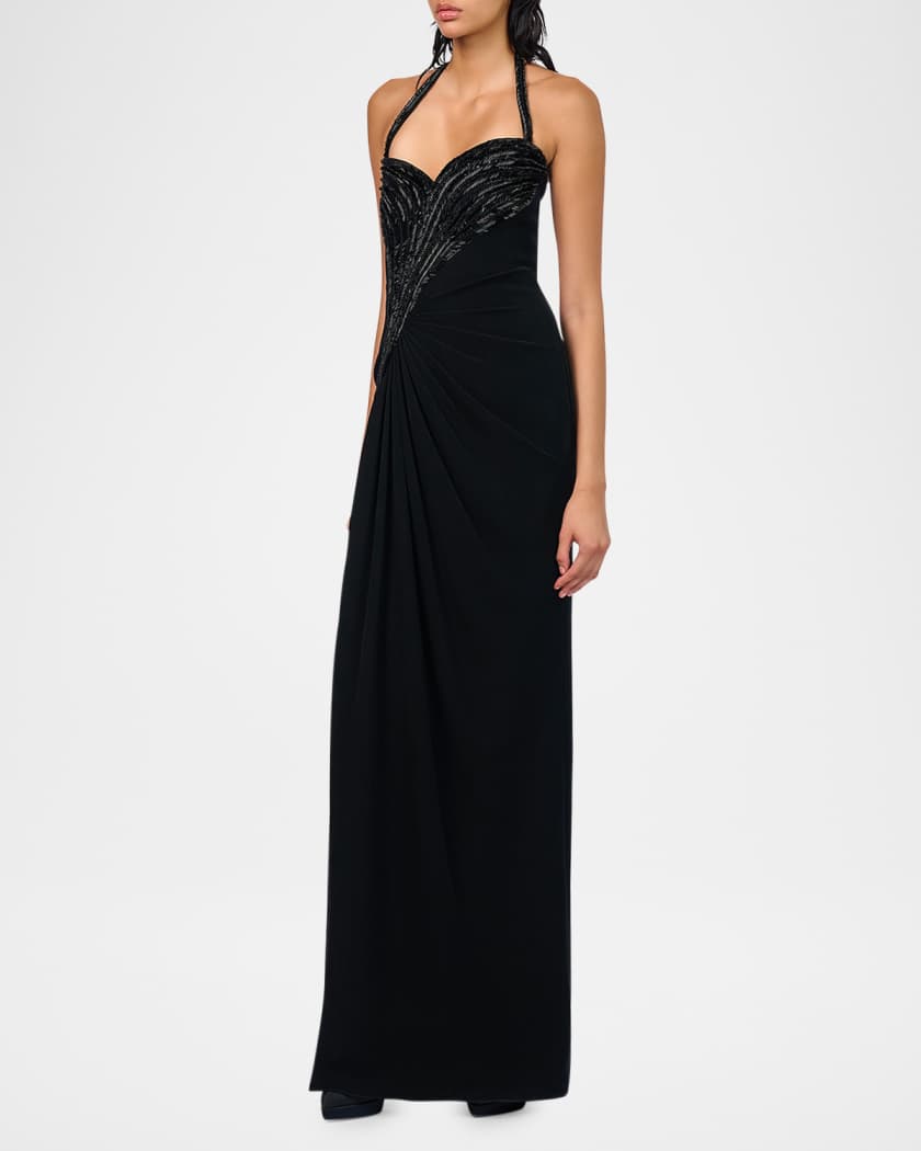 Athena Embroidered Draped Halter Gown