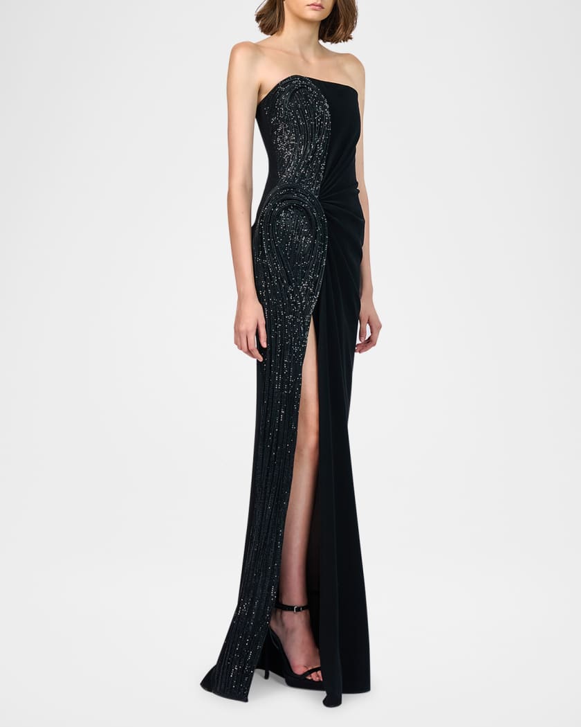 Sequin Sculpted Strapless Slit Gown