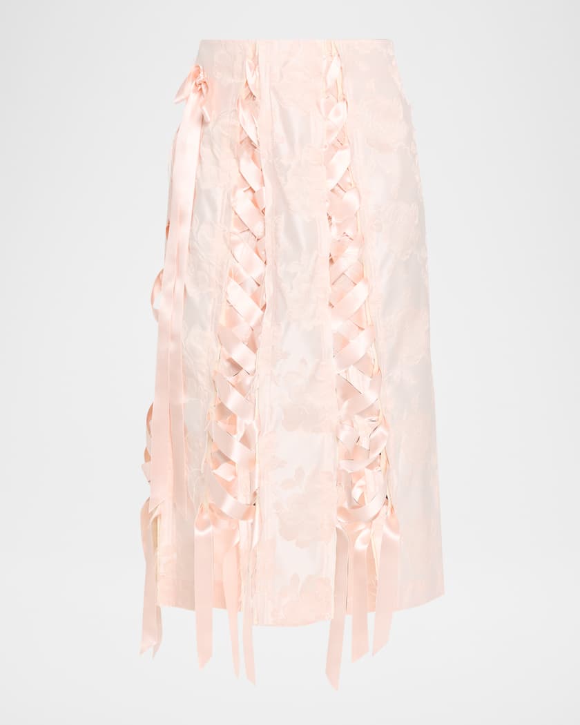 Simone Rocha Unraveling Ribbon Floral Brocade Midi Skirt | Neiman