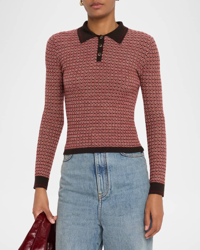 Chevron Cashmere Long-Sleeve Shrunken Polo