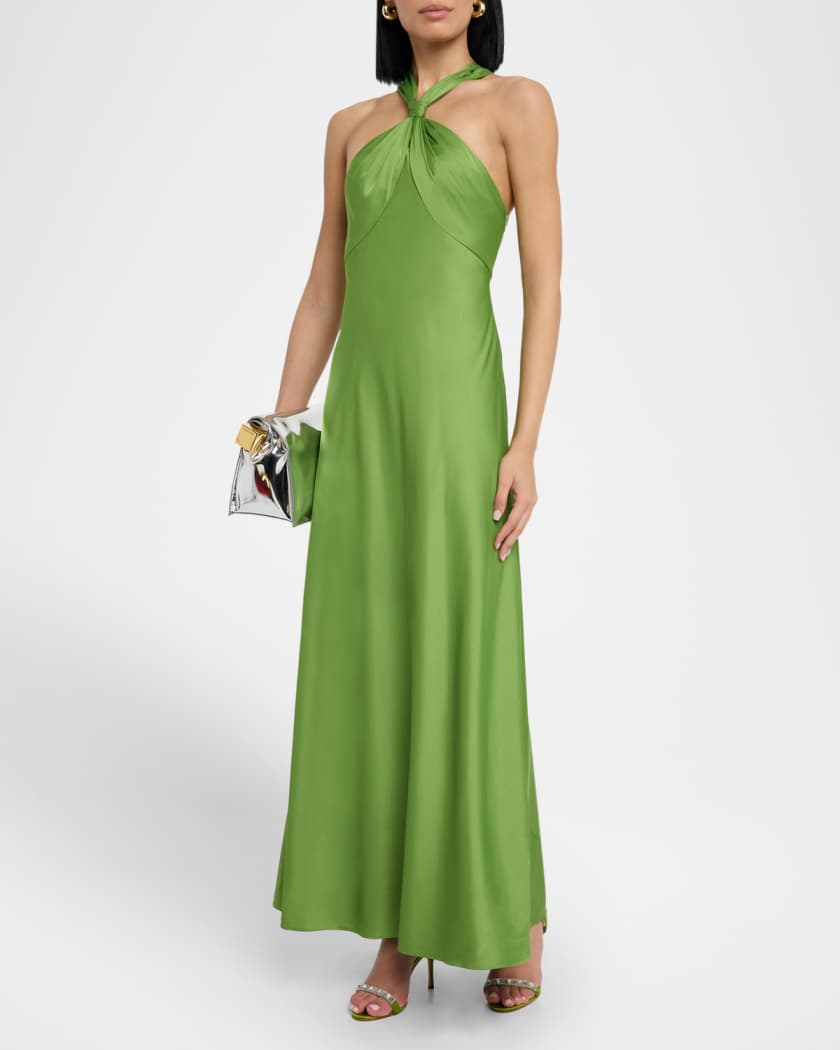Knot-Embellished Satin Halter Gown