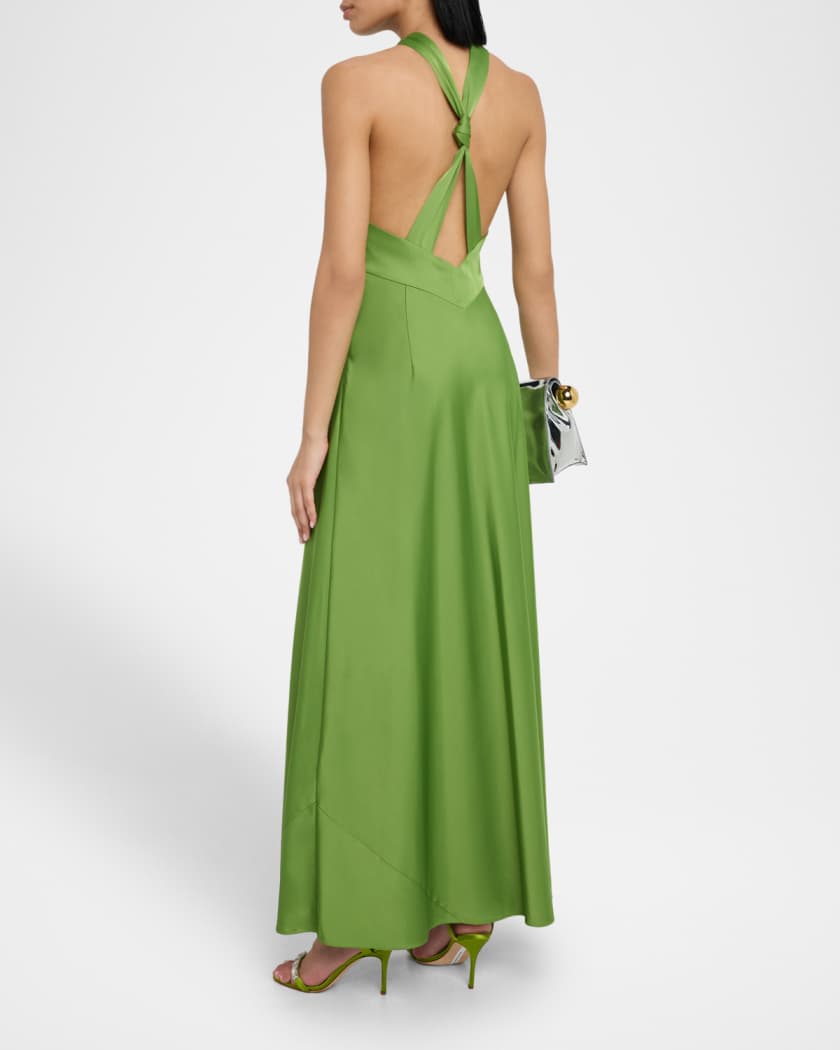 Knot-Embellished Satin Halter Gown