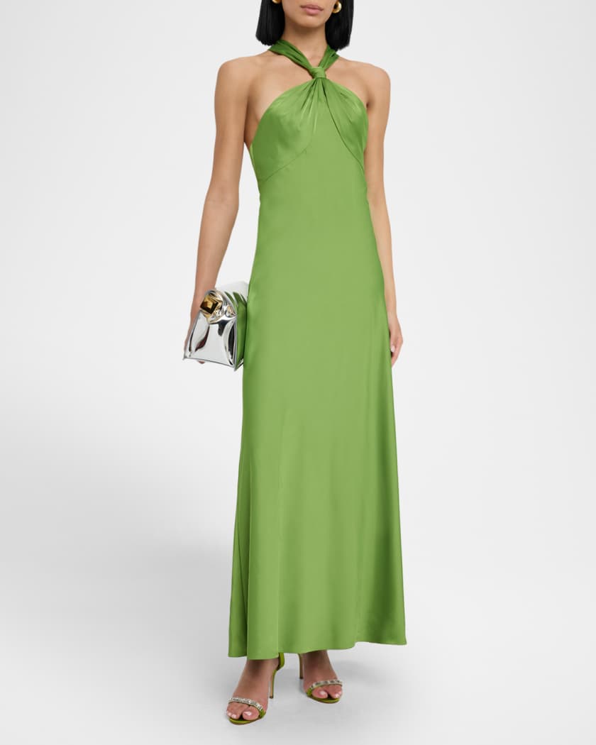 Knot-Embellished Satin Halter Gown