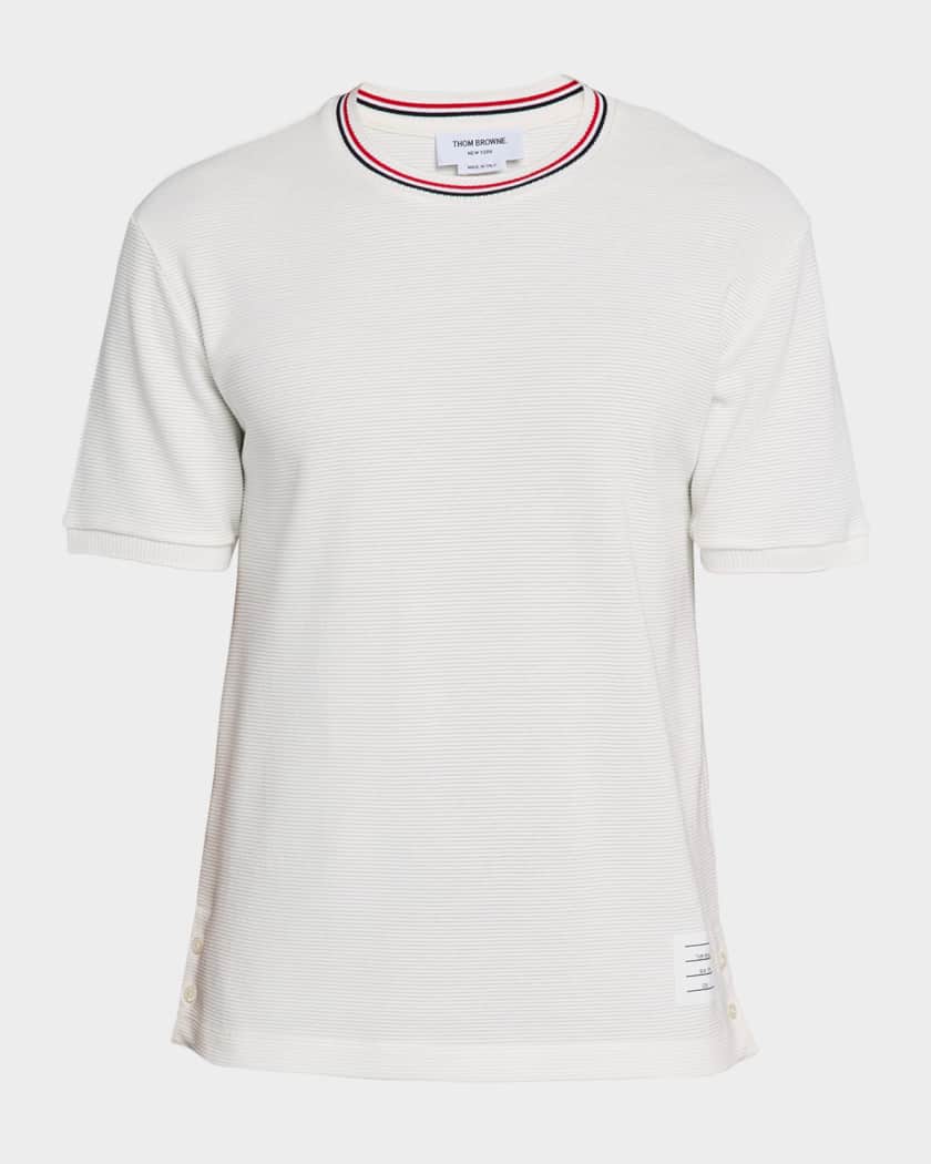【関税&送料込】Thom Browne White T-Shirt With Stripes Thom Browne - Logo-Appliquéd Striped Pointelle-Knit Cotton T