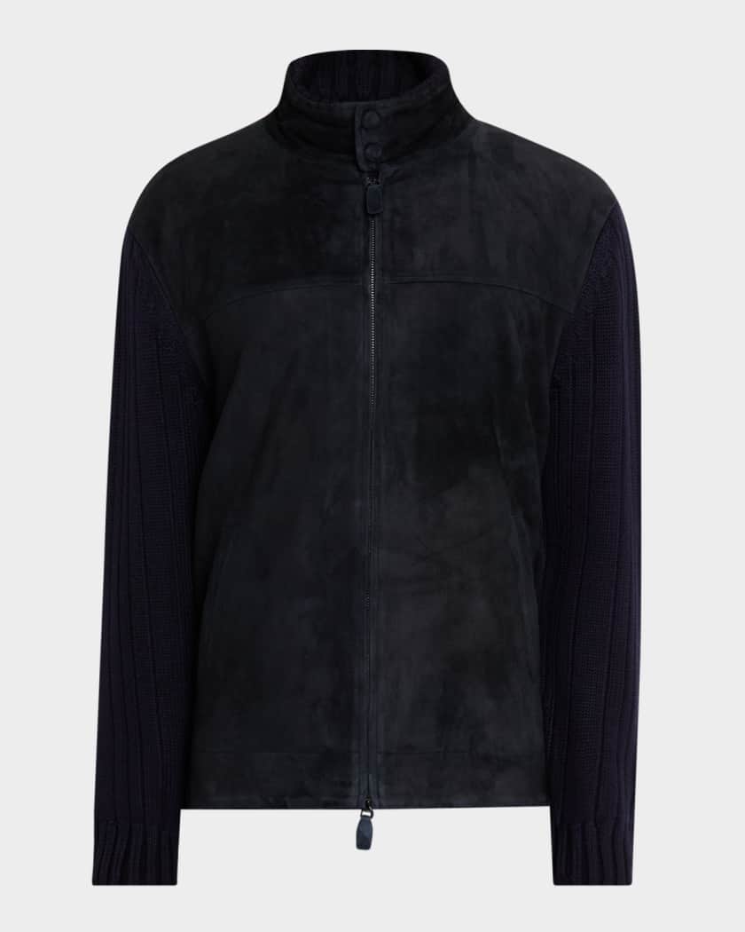 Emporio Armani Men's Suede and Wool-Knit Full-Zip Jacket | Neiman