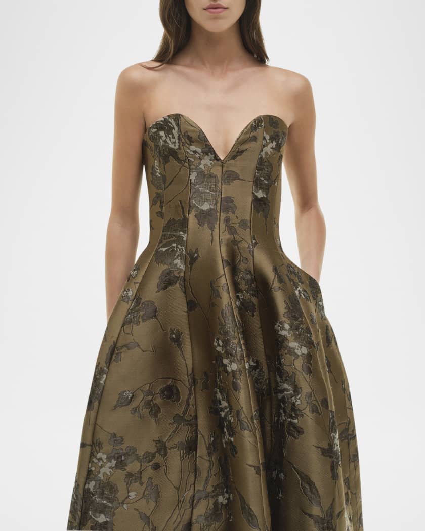 Elaria Strapless Floral Jacquard Bustier Gown