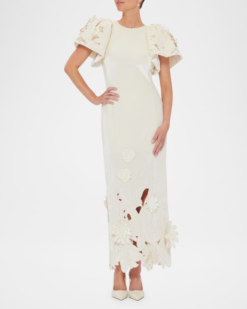 Lucinda Embroidered Puff-Sleeve Velvet Gown