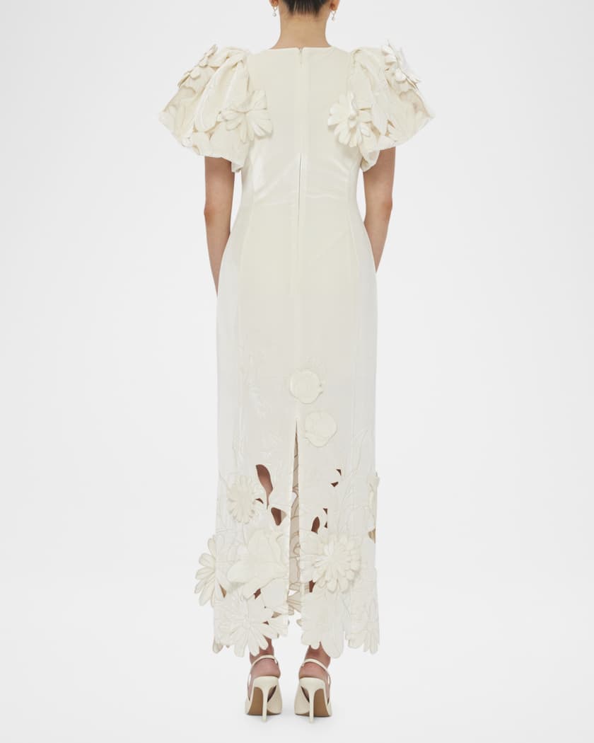 Lucinda Embroidered Puff-Sleeve Velvet Gown