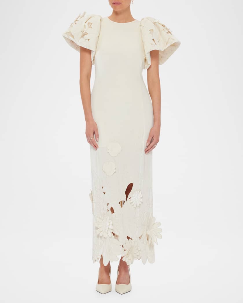 Lucinda Embroidered Puff-Sleeve Velvet Gown