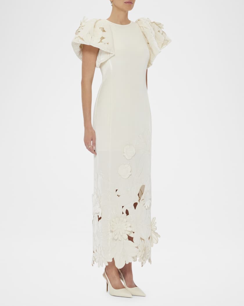 Lucinda Embroidered Puff-Sleeve Velvet Gown