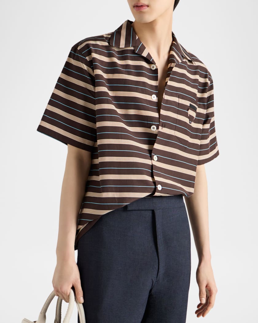 Men's Cotton and Silk Stripe Short-Sleeve Shirt