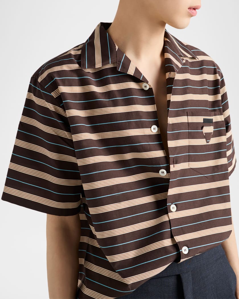 Men's Cotton and Silk Stripe Short-Sleeve Shirt