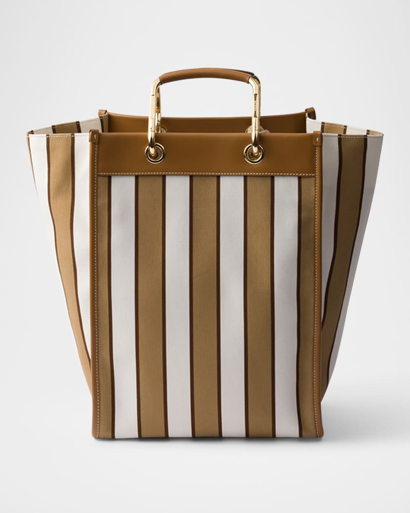 Large Striped Canvas and Leather Tote Bag