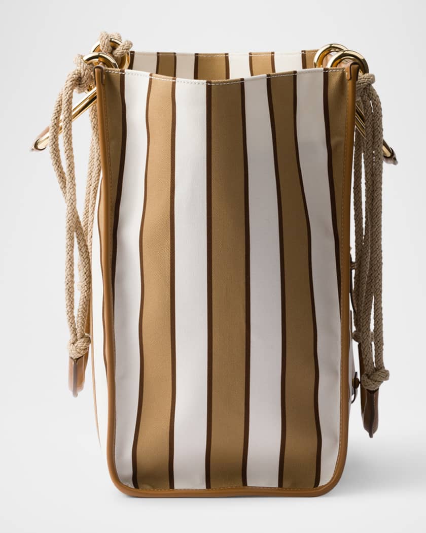 Large Striped Canvas and Leather Tote Bag