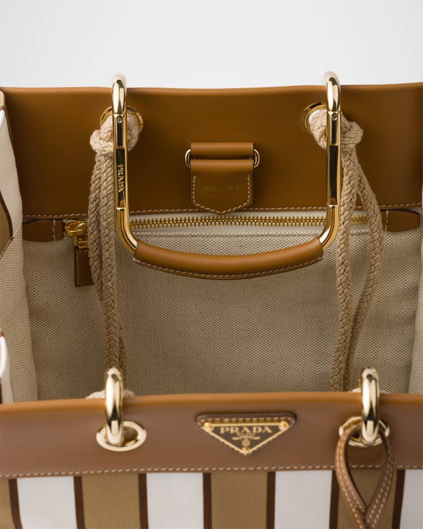 Large Striped Canvas and Leather Tote Bag