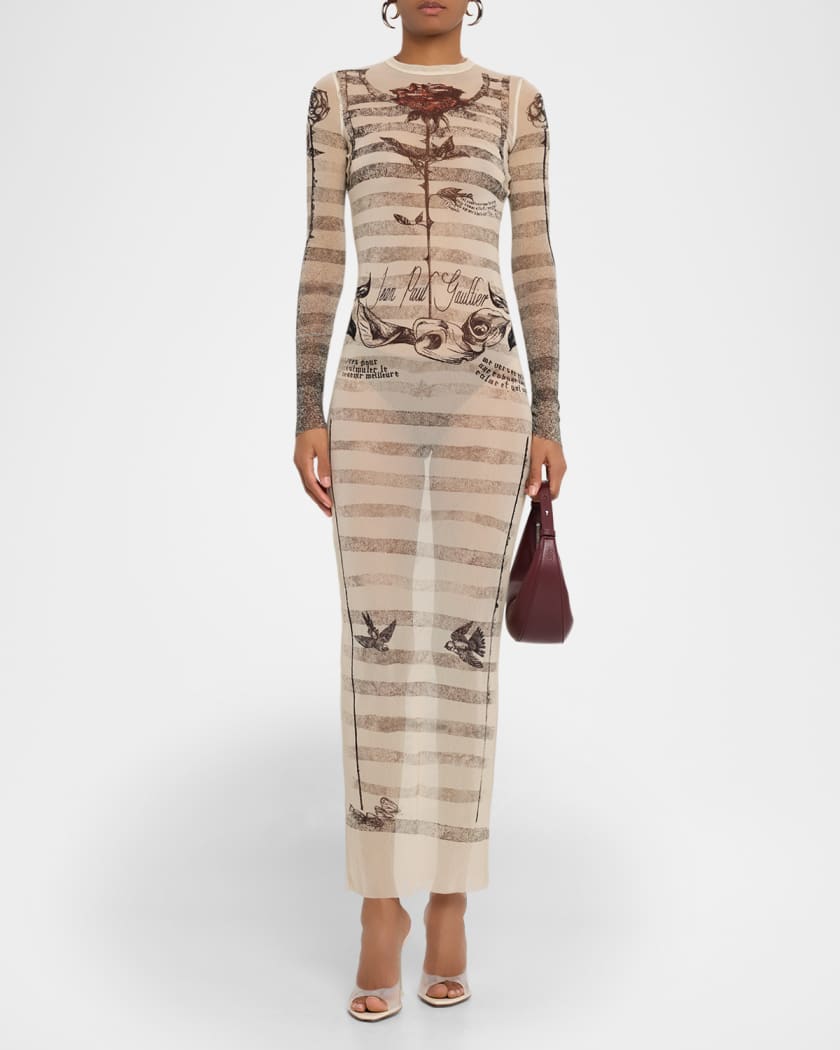 ワンピース JeanPaul GAULTIER MESH TATOO MARINIER LONG DRESS Jean Paul Gaultier Tattoo Mariniere Mesh Long-Sleeve Maxi
