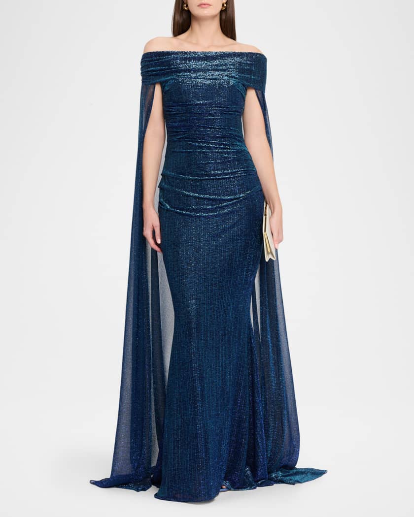 Metallic Off-The-Shoulder Cape Gown