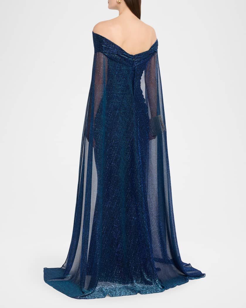 Metallic Off-The-Shoulder Cape Gown