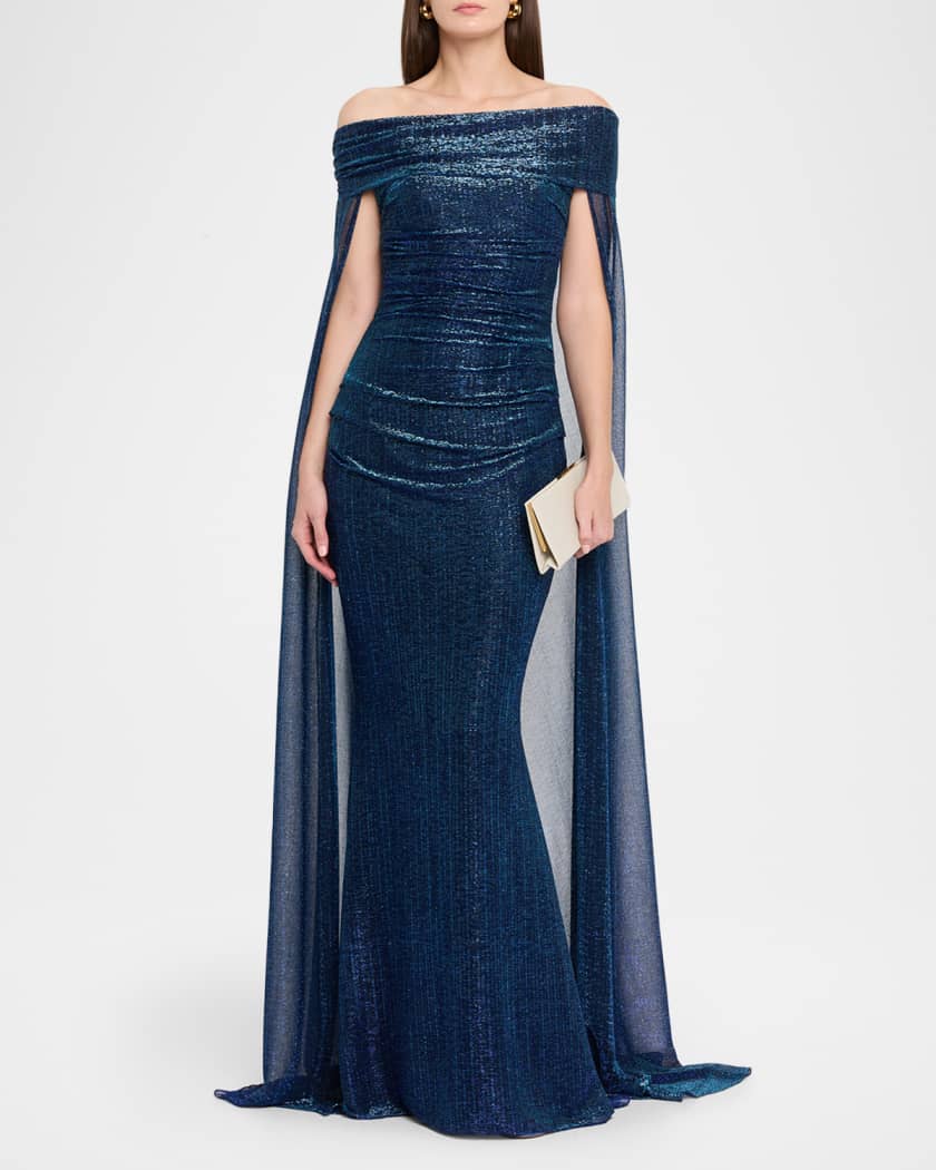 Metallic Off-The-Shoulder Cape Gown
