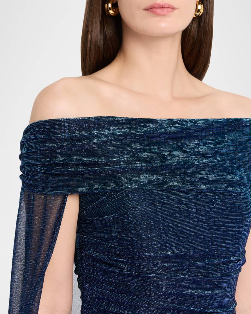 Metallic Off-The-Shoulder Cape Gown