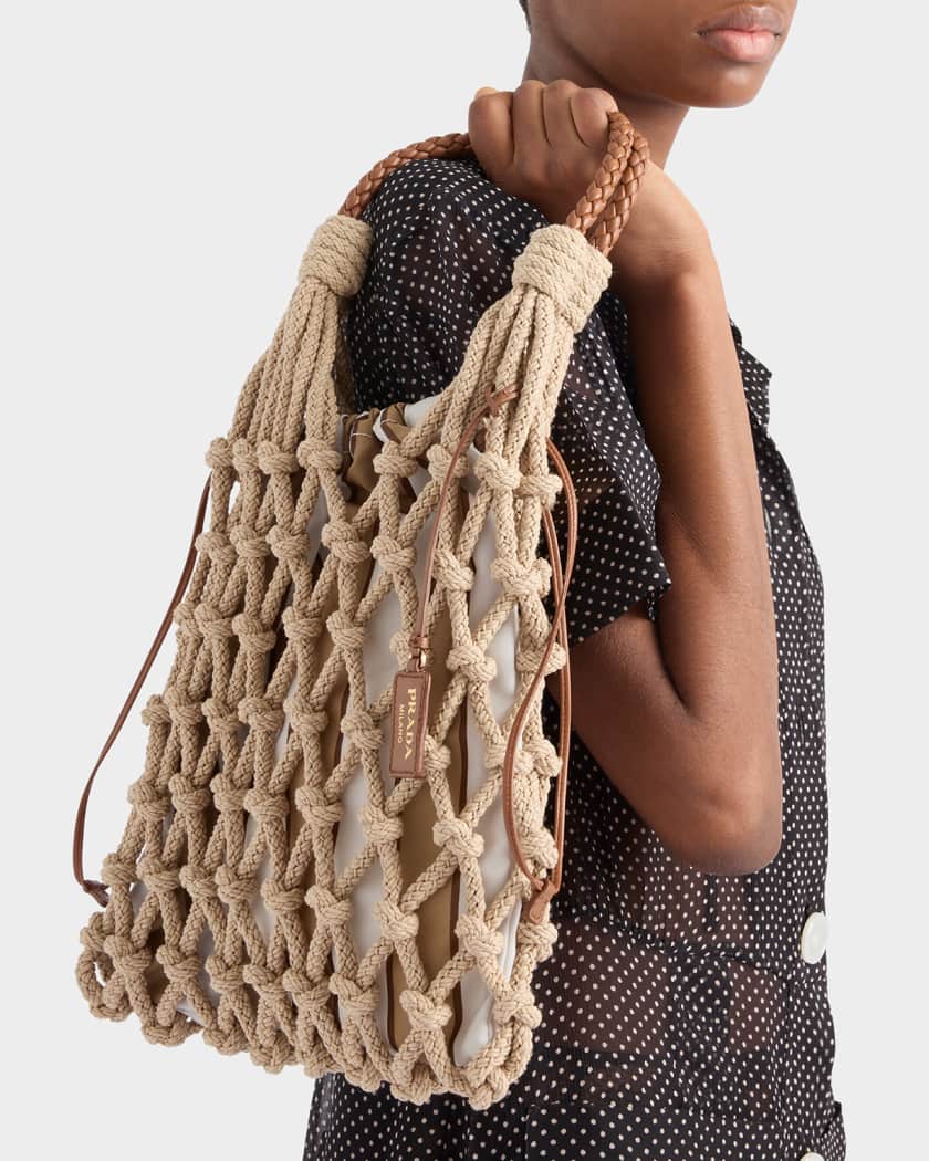 Medium Striped Cotton Macrame Top-Handle Bag