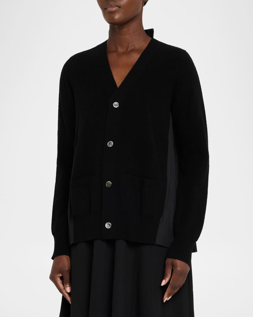 SACAI Pleated-Back Rib-Knit Cardigan | Neiman Marcus