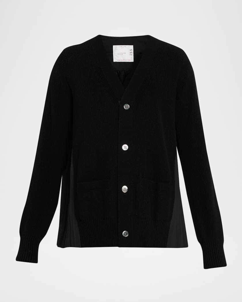 SACAI Pleated-Back Rib-Knit Cardigan | Neiman Marcus