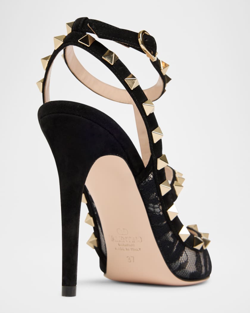 Valentino Garavani 100mm Rockstud Lace Ankle-Strap Pumps