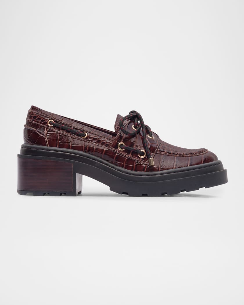 Bernardo Nico Croc-Embossed Leather Lug-Sole Boat Loafers Neiman