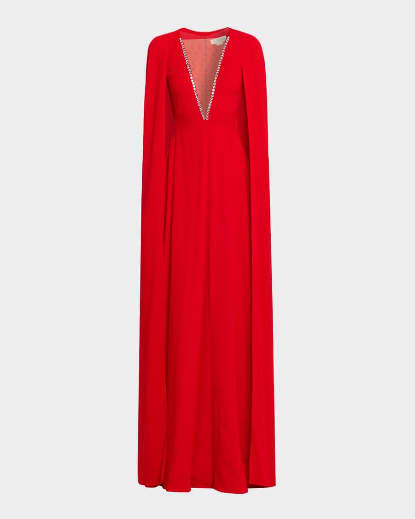 Stella McCartney Crystal Plunging Illusion Cutout Cape Gown
