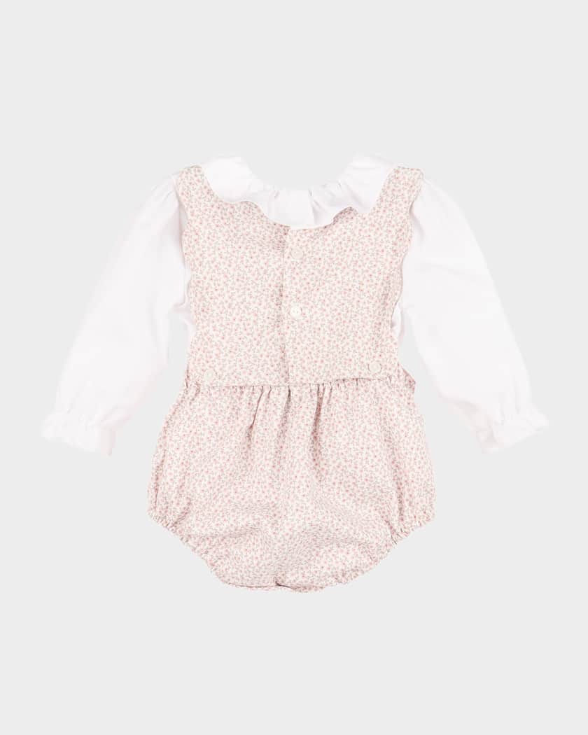 Girl's Floral Embroidered Cotton Overalls, Size 6M-18M