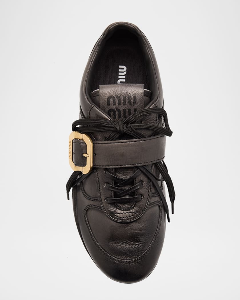 エルセーヌNO.777 & NO.600ST Miu Miu Allacciate Leather Buckle Low-Top Sneakers | Neiman Marcus