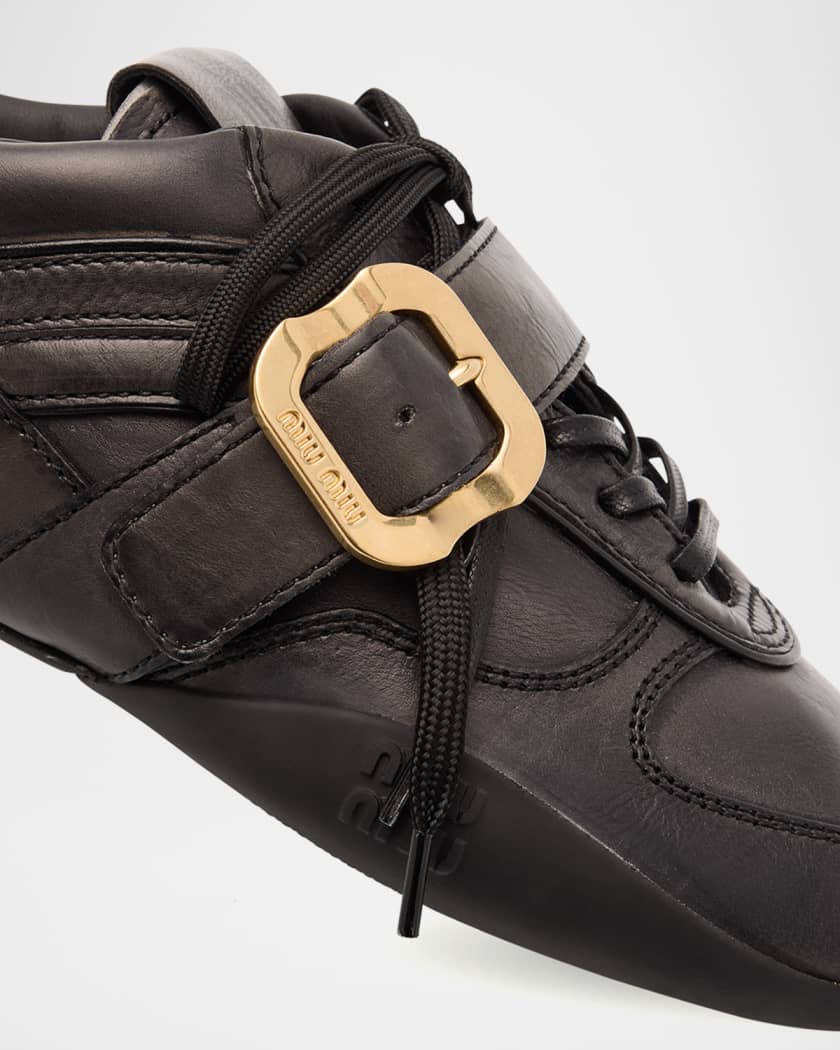 エルセーヌNO.777 & NO.600ST Miu Miu Allacciate Leather Buckle Low-Top Sneakers | Neiman Marcus