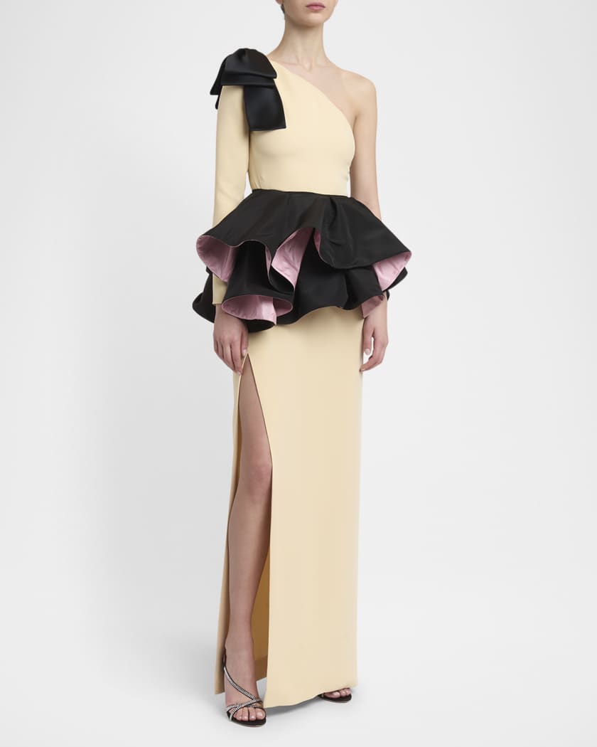 One-Shoulder Peplum Column Gown