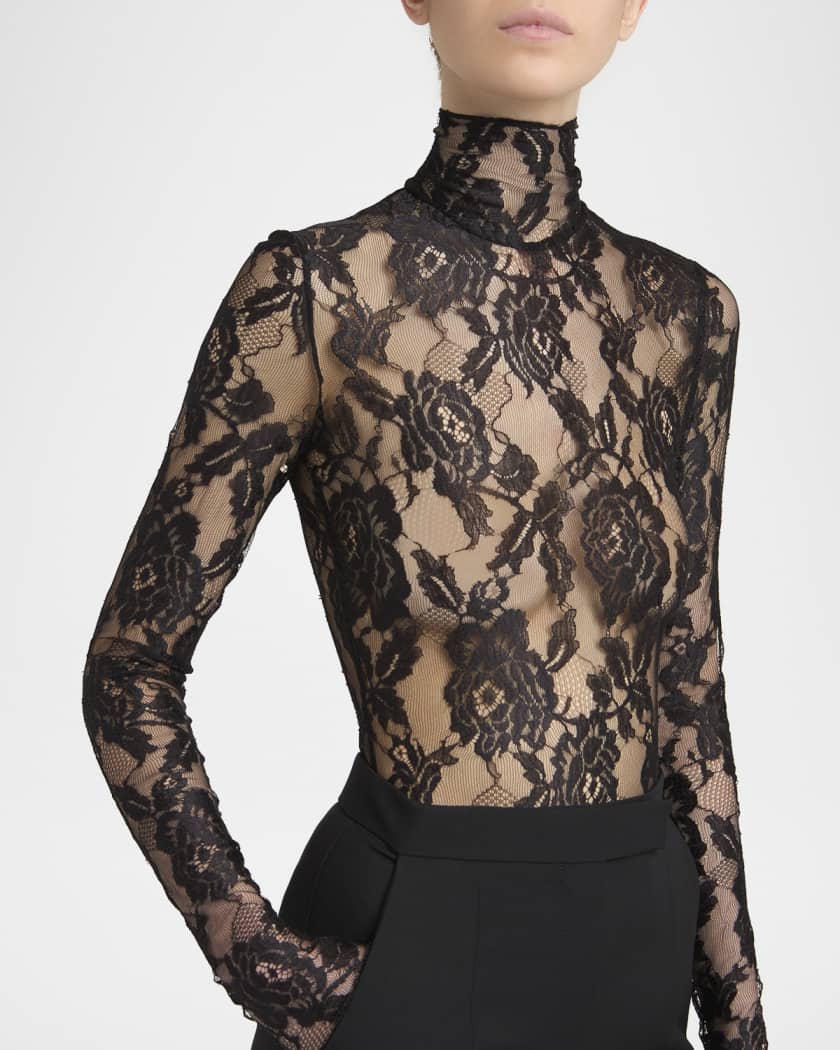 Turtleneck Long-Sleeve Lace Bodysuit
