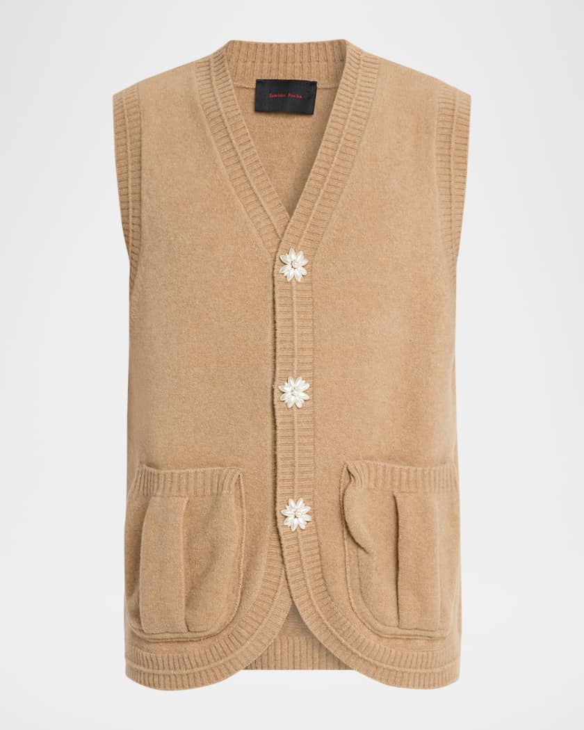 Simone Rocha Men's Virgin Wool Knit Pearly Flower-Button Cardigan