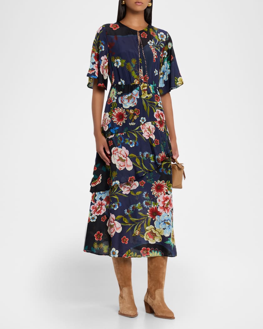 Florean Ruffle Floral-Print Silk Midi Dress